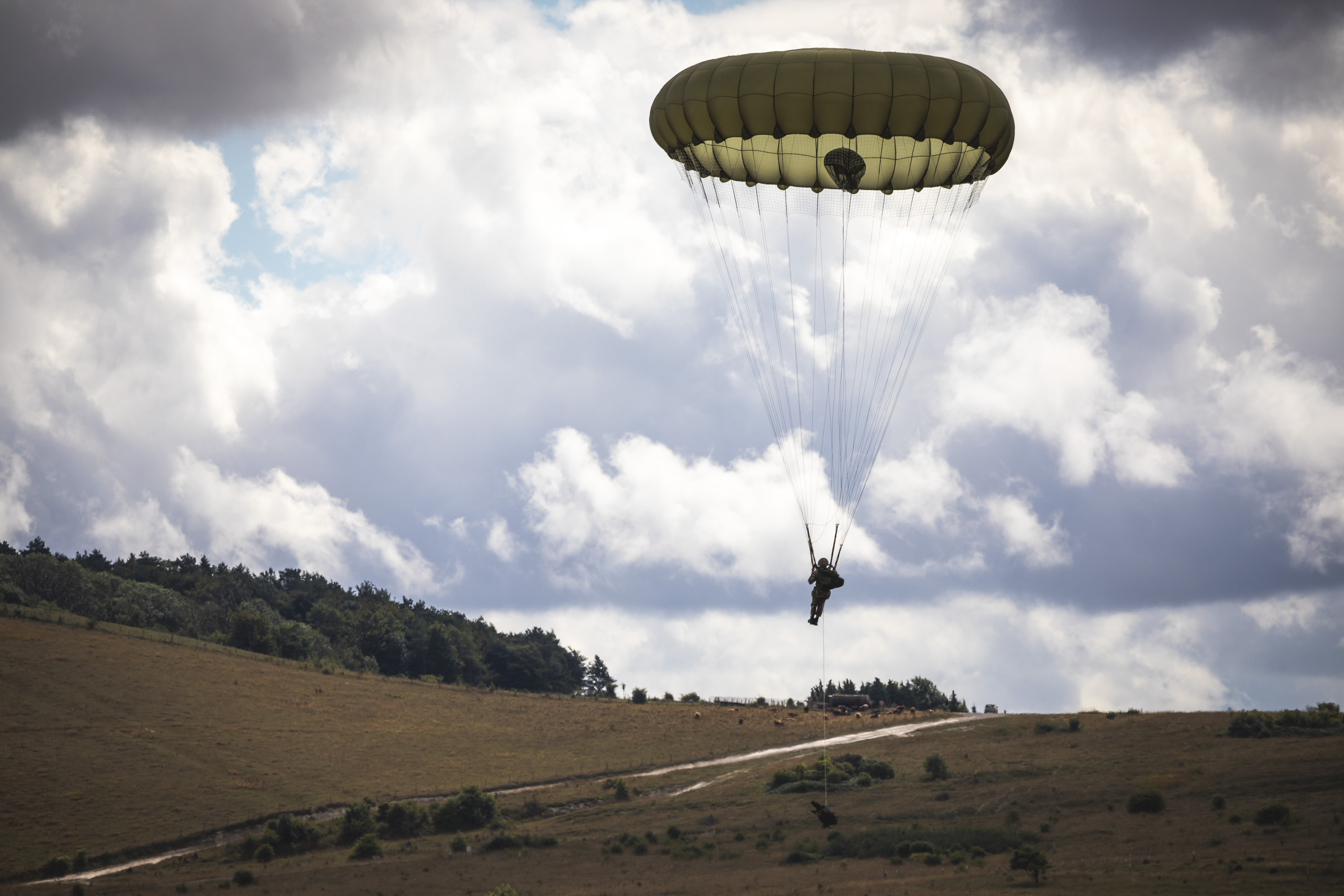 Image shows one parachutist coming in to land on the ground.